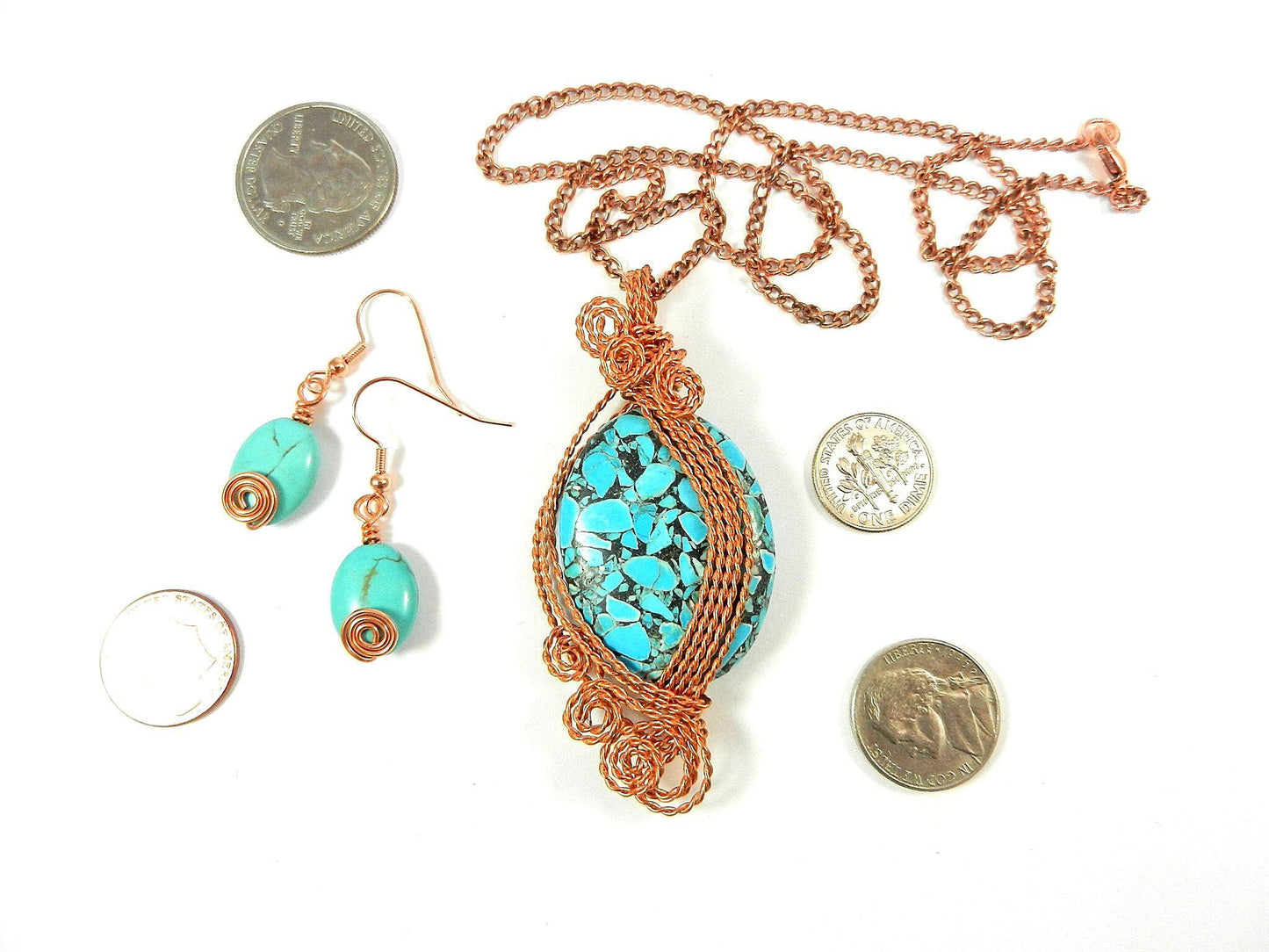 Bare Copper Wire Wrapped Brecciated Oval Turquoise Gemstone with Matching Earrings
