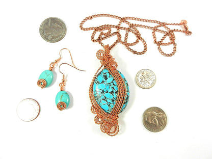 Bare Copper Wire Wrapped Brecciated Oval Turquoise Gemstone with Matching Earrings