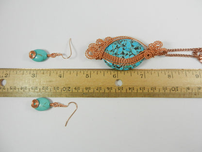 Bare Copper Wire Wrapped Brecciated Oval Turquoise Gemstone with Matching Earrings