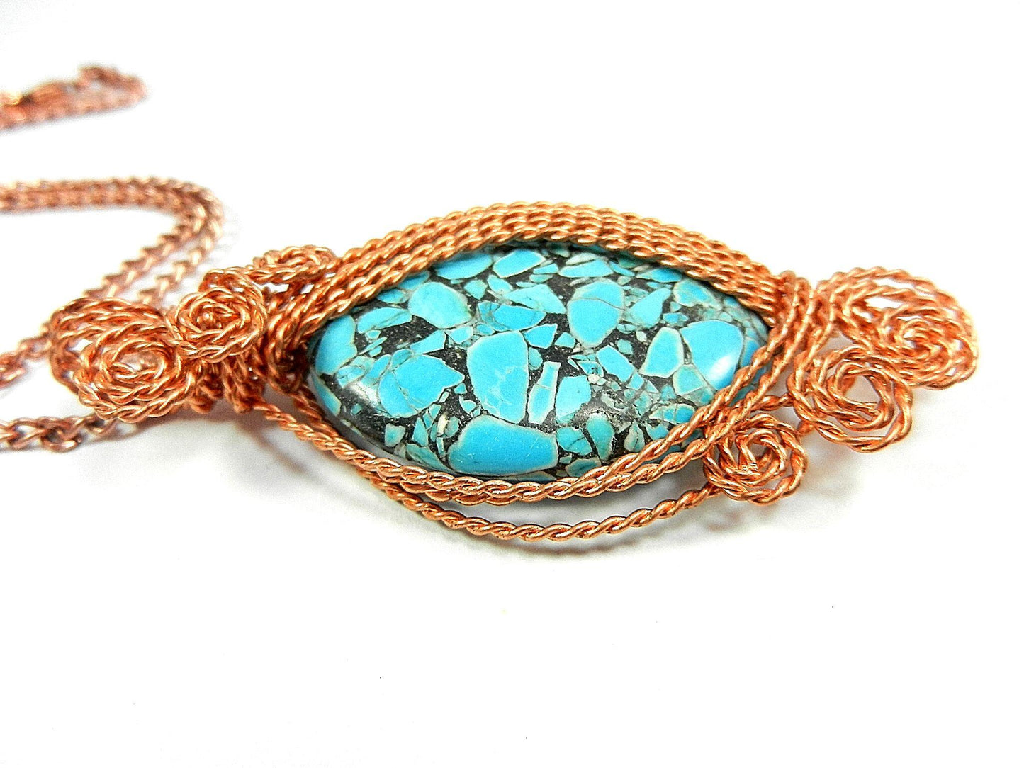 Bare Copper Wire Wrapped Brecciated Oval Turquoise Gemstone with Matching Earrings