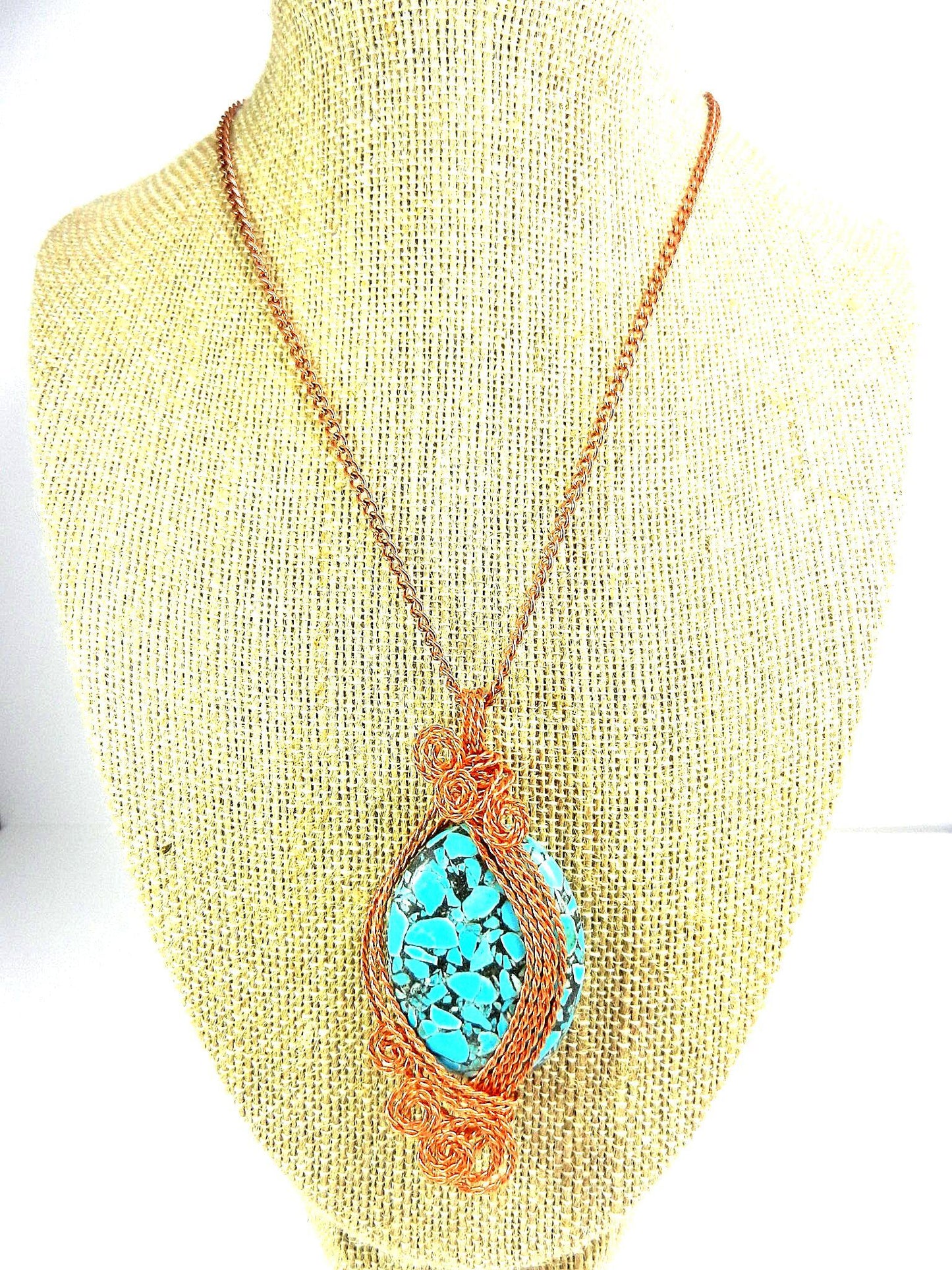 Bare Copper Wire Wrapped Brecciated Oval Turquoise Gemstone with Matching Earrings