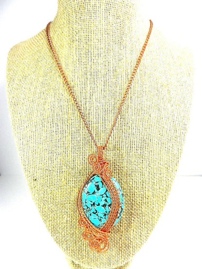 Bare Copper Wire Wrapped Brecciated Oval Turquoise Gemstone with Matching Earrings