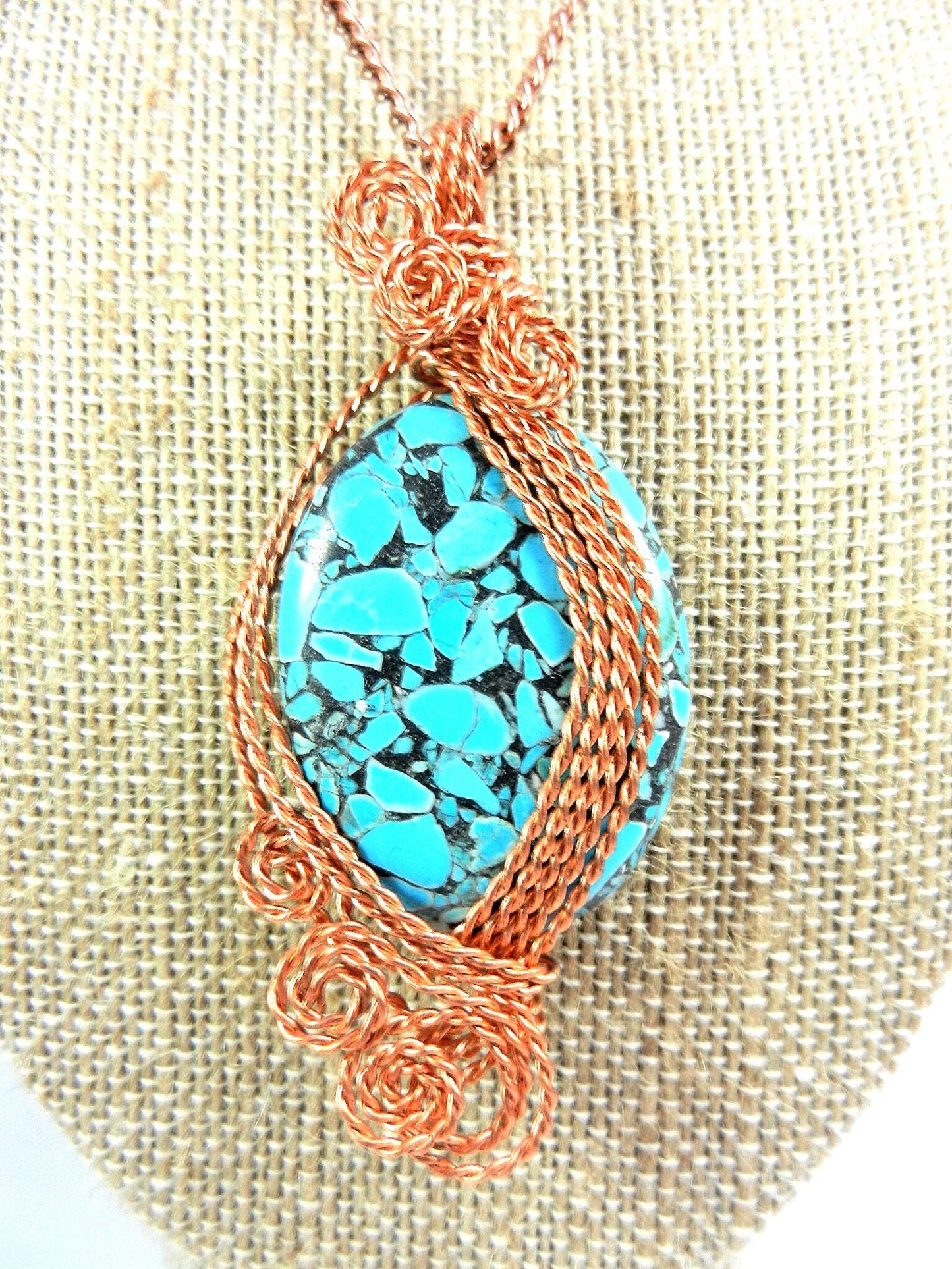 Bare Copper Wire Wrapped Brecciated Oval Turquoise Gemstone with Matching Earrings