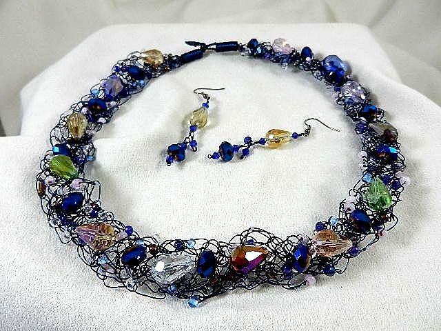 Blue Wire Hand Crocheted Necklace with Crystals and Matching Earrings