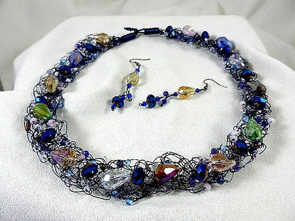 Blue Wire Hand Crocheted Necklace with Crystals and Matching Earrings