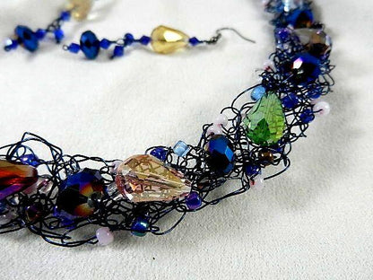 Blue Wire Hand Crocheted Necklace with Crystals and Matching Earrings