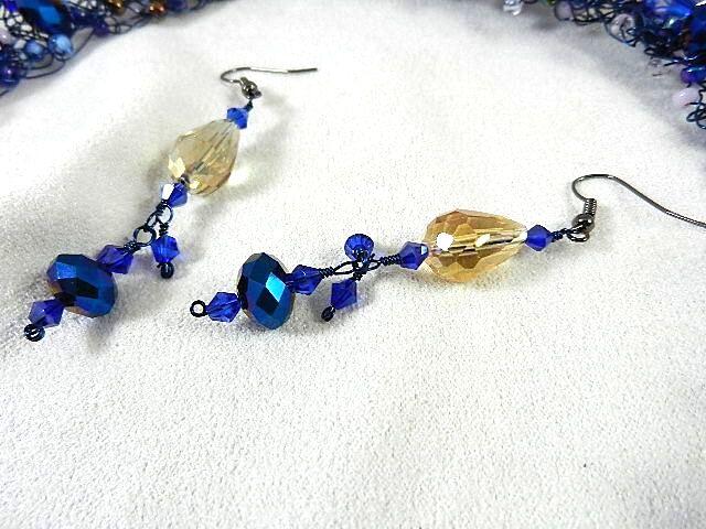 Blue Wire Hand Crocheted Necklace with Crystals and Matching Earrings