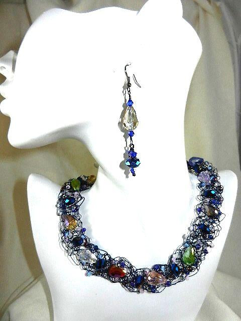 Blue Wire Hand Crocheted Necklace with Crystals and Matching Earrings