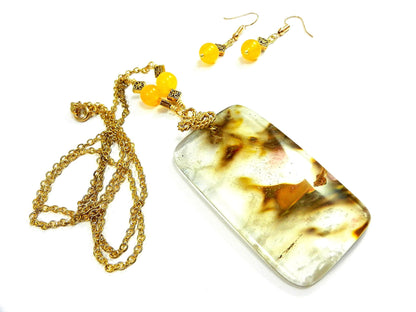 Cherry Quartz Oblong Gemstone Necklace Pendant Gold Wire Wrapped with Matching Jade Earrings