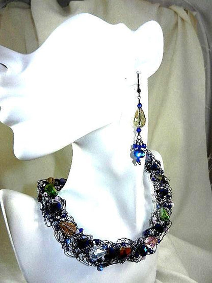 Blue Wire Hand Crocheted Necklace with Crystals and Matching Earrings