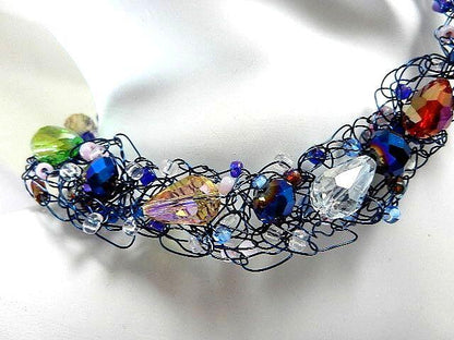 Blue Wire Hand Crocheted Necklace with Crystals and Matching Earrings