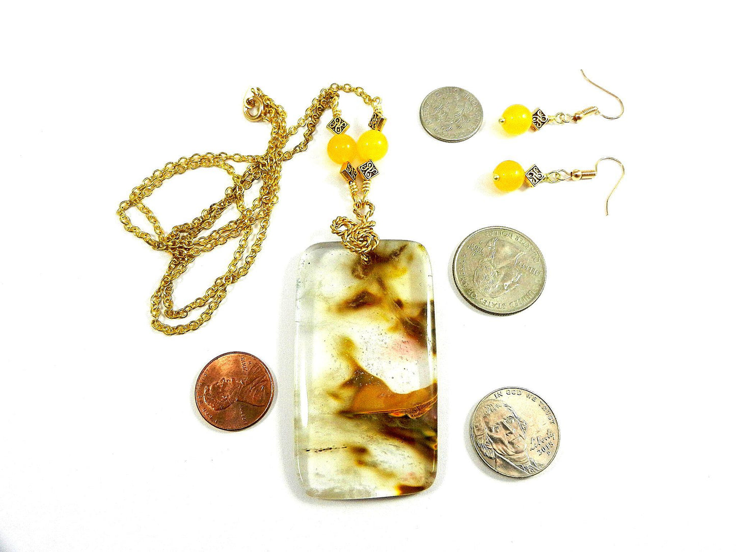 Cherry Quartz Oblong Gemstone Necklace Pendant Gold Wire Wrapped with Matching Jade Earrings