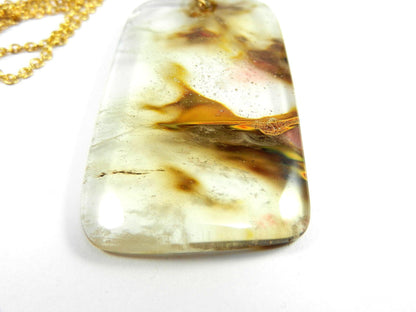 Cherry Quartz Oblong Gemstone Necklace Pendant Gold Wire Wrapped with Matching Jade Earrings