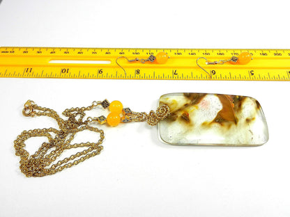 Cherry Quartz Oblong Gemstone Necklace Pendant Gold Wire Wrapped with Matching Jade Earrings