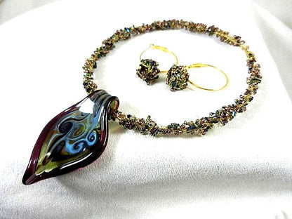 Violet Blue Lamp Work Art Glass Pendant on Crocheted Wire Choker with Earrings