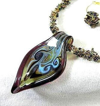 Violet Blue Lamp Work Art Glass Pendant on Crocheted Wire Choker with Earrings