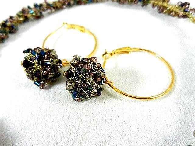 Violet Blue Lamp Work Art Glass Pendant on Crocheted Wire Choker with Earrings