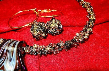 Violet Blue Lamp Work Art Glass Pendant on Crocheted Wire Choker with Earrings
