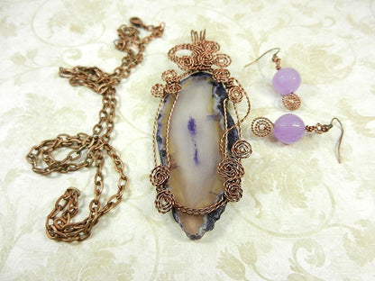 Purple Agate Geode Slice Copper Wire Wrapped with Matching Purple Jade Earrings
