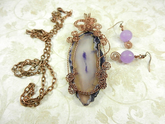 Purple Agate Geode Slice Copper Wire Wrapped with Matching Purple Jade Earrings