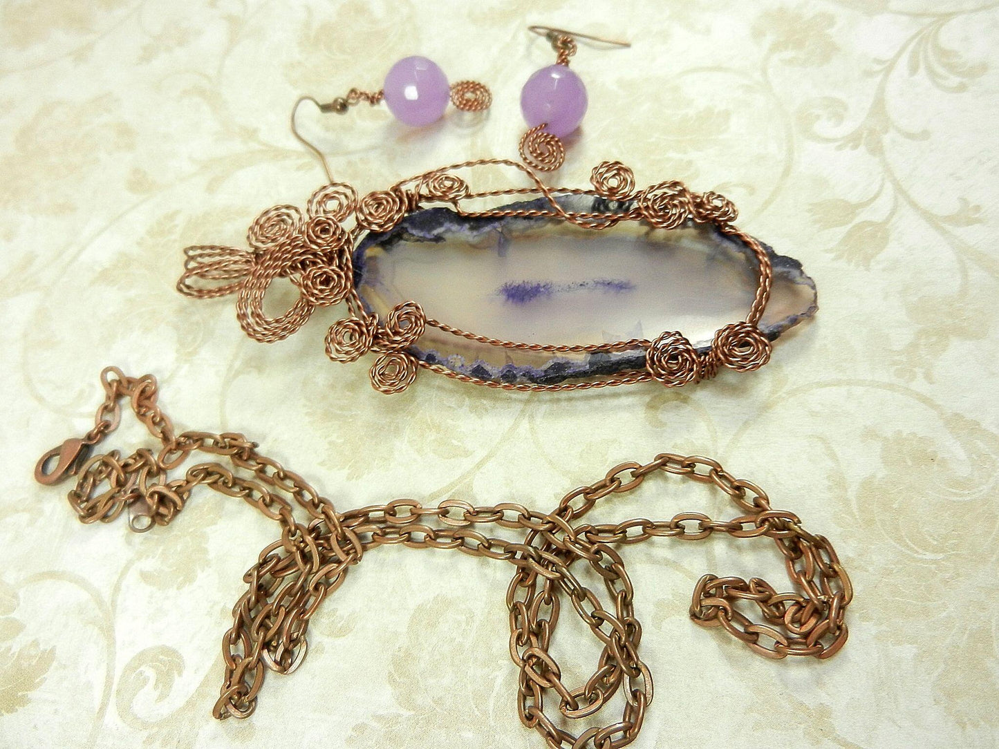 Purple Agate Geode Slice Copper Wire Wrapped with Matching Purple Jade Earrings