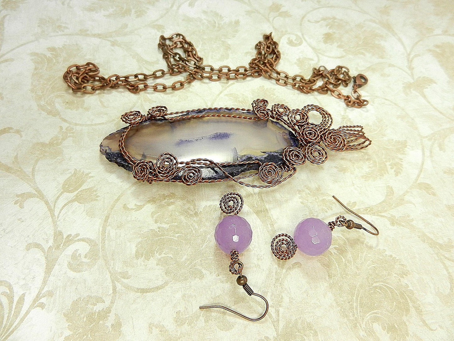 Purple Agate Geode Slice Copper Wire Wrapped with Matching Purple Jade Earrings