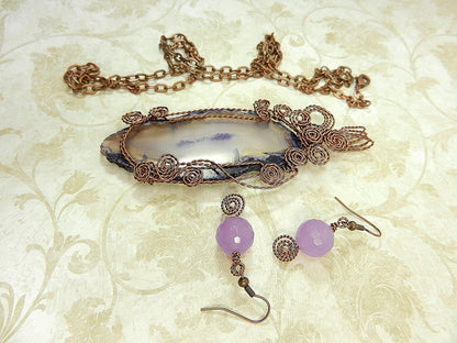 Purple Agate Geode Slice Copper Wire Wrapped with Matching Purple Jade Earrings
