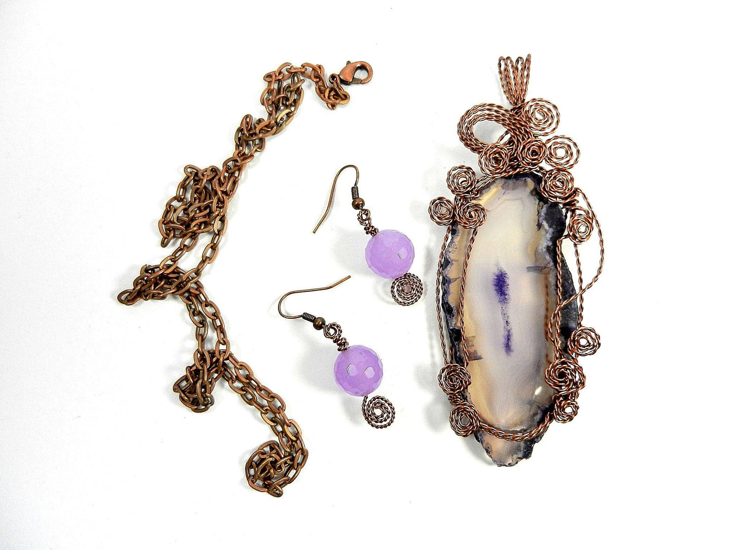 Purple Agate Geode Slice Copper Wire Wrapped with Matching Purple Jade Earrings