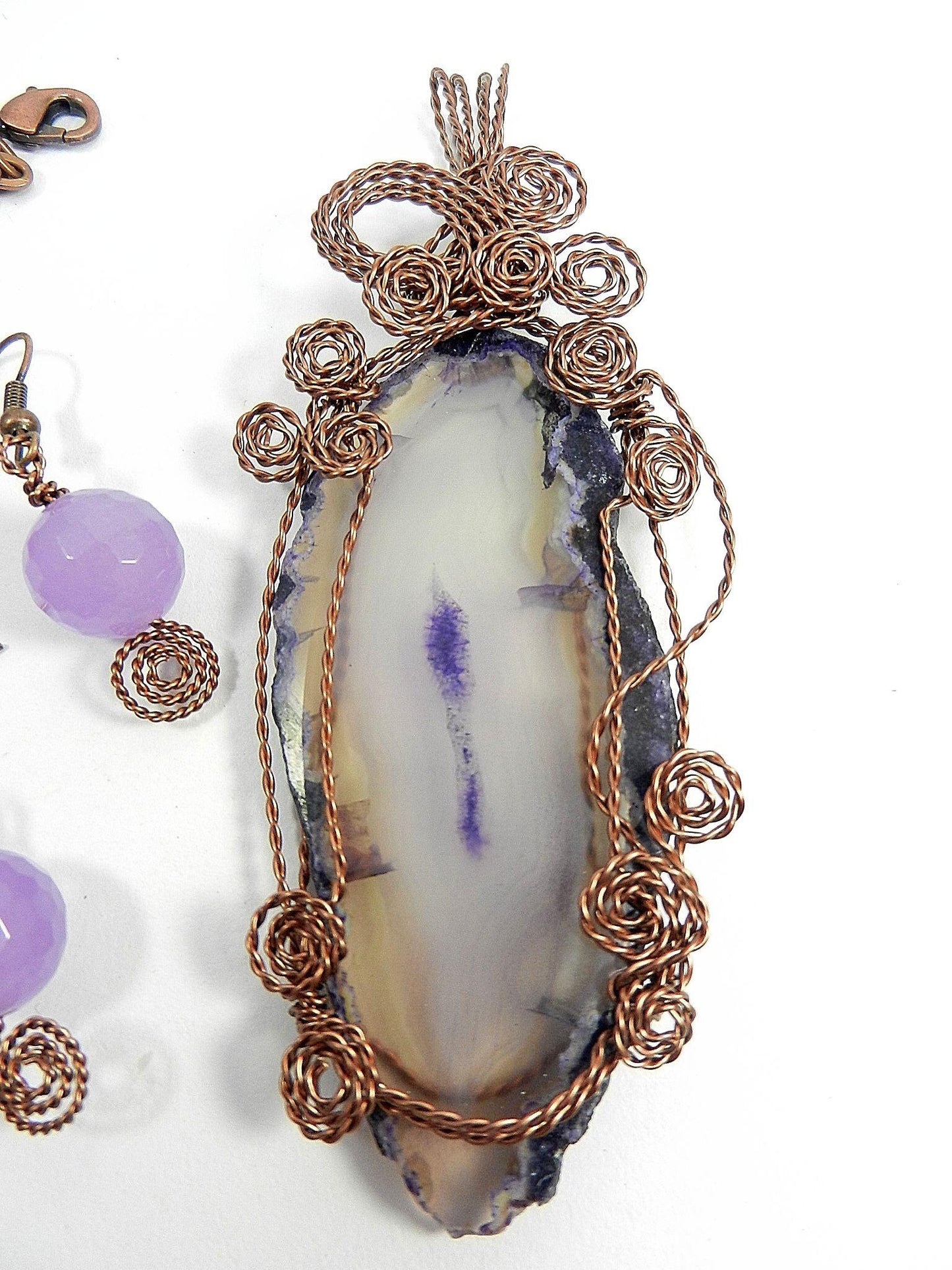 Purple Agate Geode Slice Copper Wire Wrapped with Matching Purple Jade Earrings