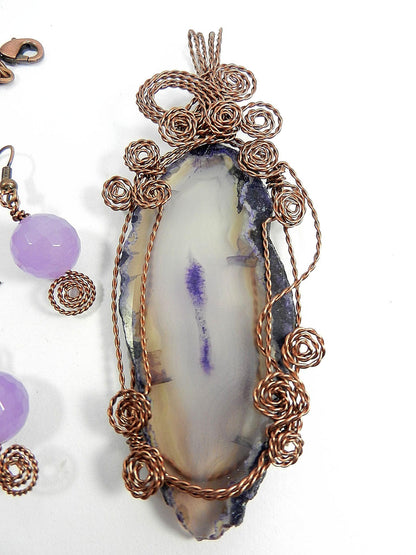 Purple Agate Geode Slice Copper Wire Wrapped with Matching Purple Jade Earrings