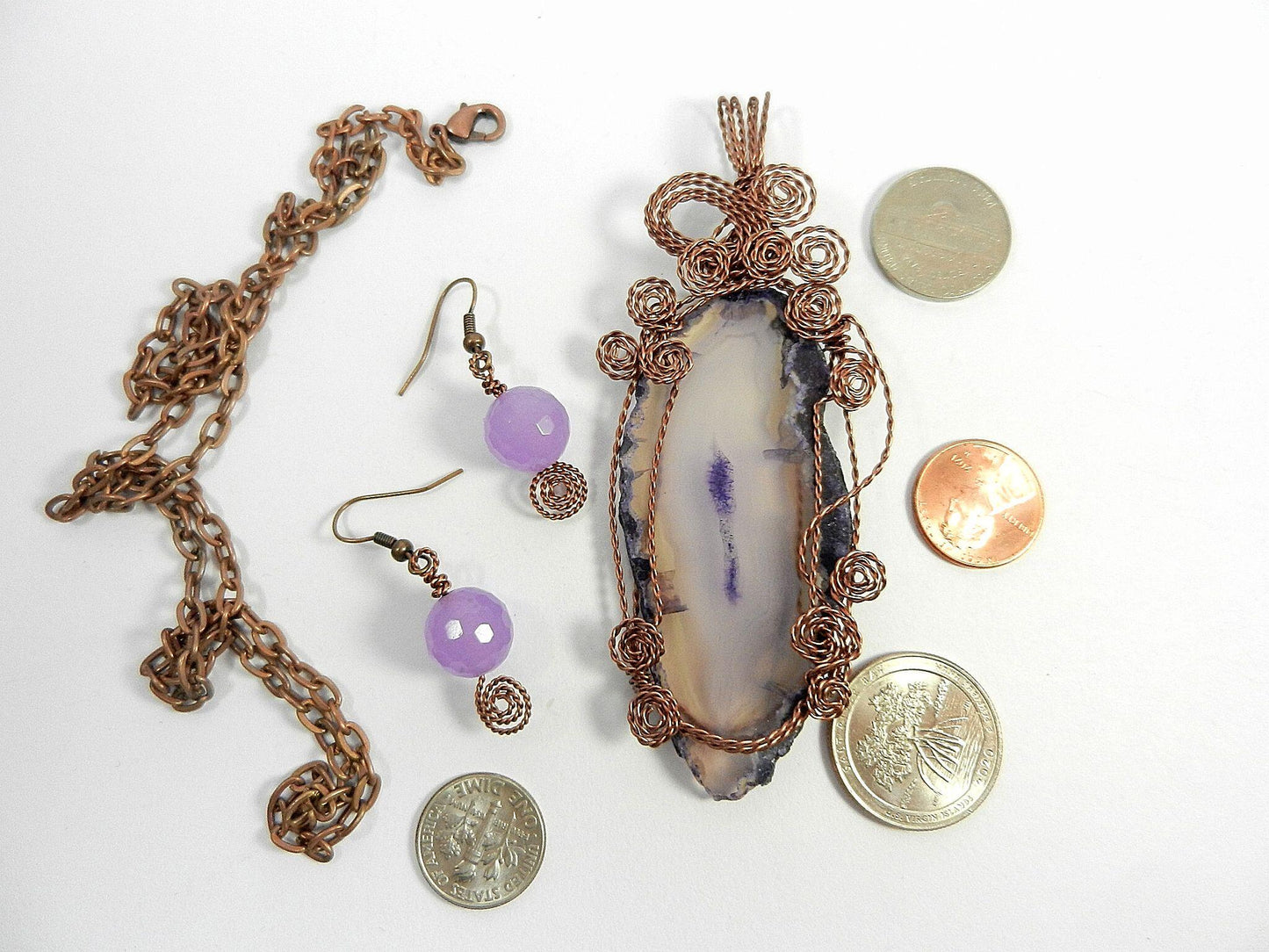 Purple Agate Geode Slice Copper Wire Wrapped with Matching Purple Jade Earrings