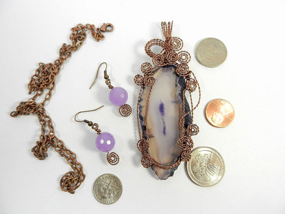 Purple Agate Geode Slice Copper Wire Wrapped with Matching Purple Jade Earrings