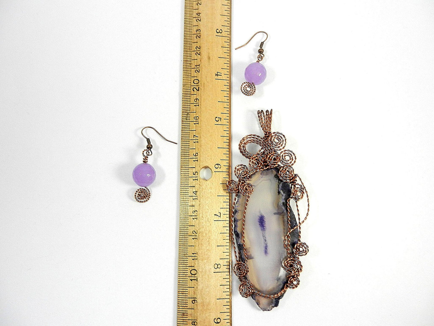 Purple Agate Geode Slice Copper Wire Wrapped with Matching Purple Jade Earrings