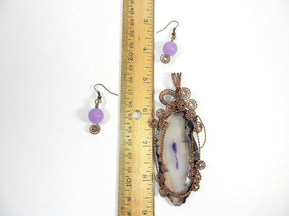 Purple Agate Geode Slice Copper Wire Wrapped with Matching Purple Jade Earrings