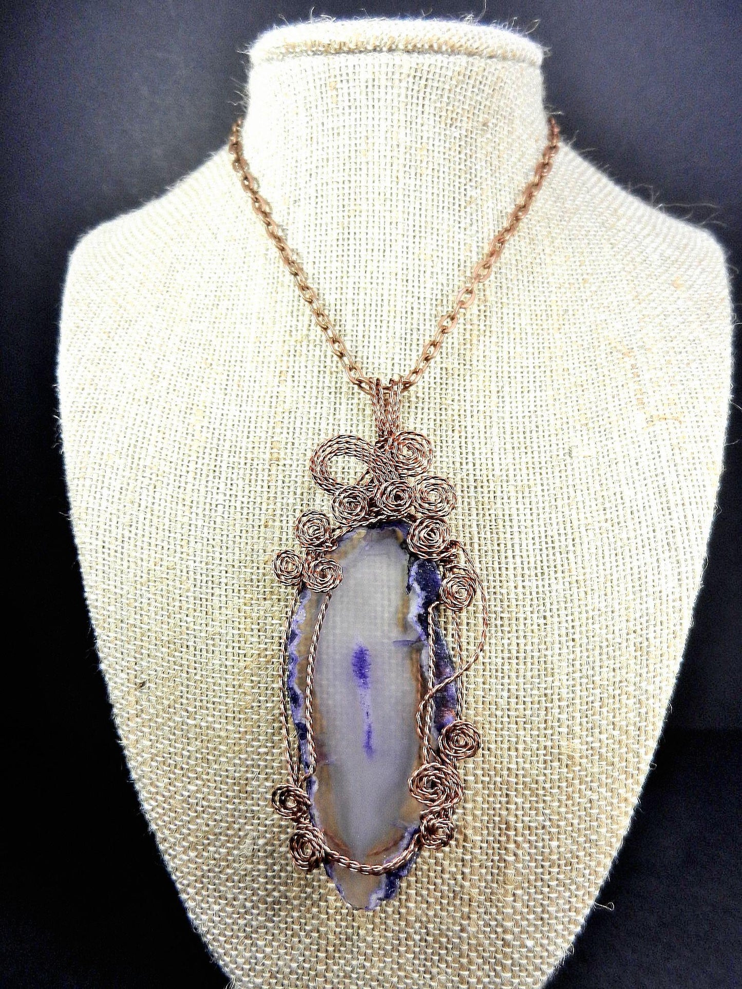 Purple Agate Geode Slice Copper Wire Wrapped with Matching Purple Jade Earrings