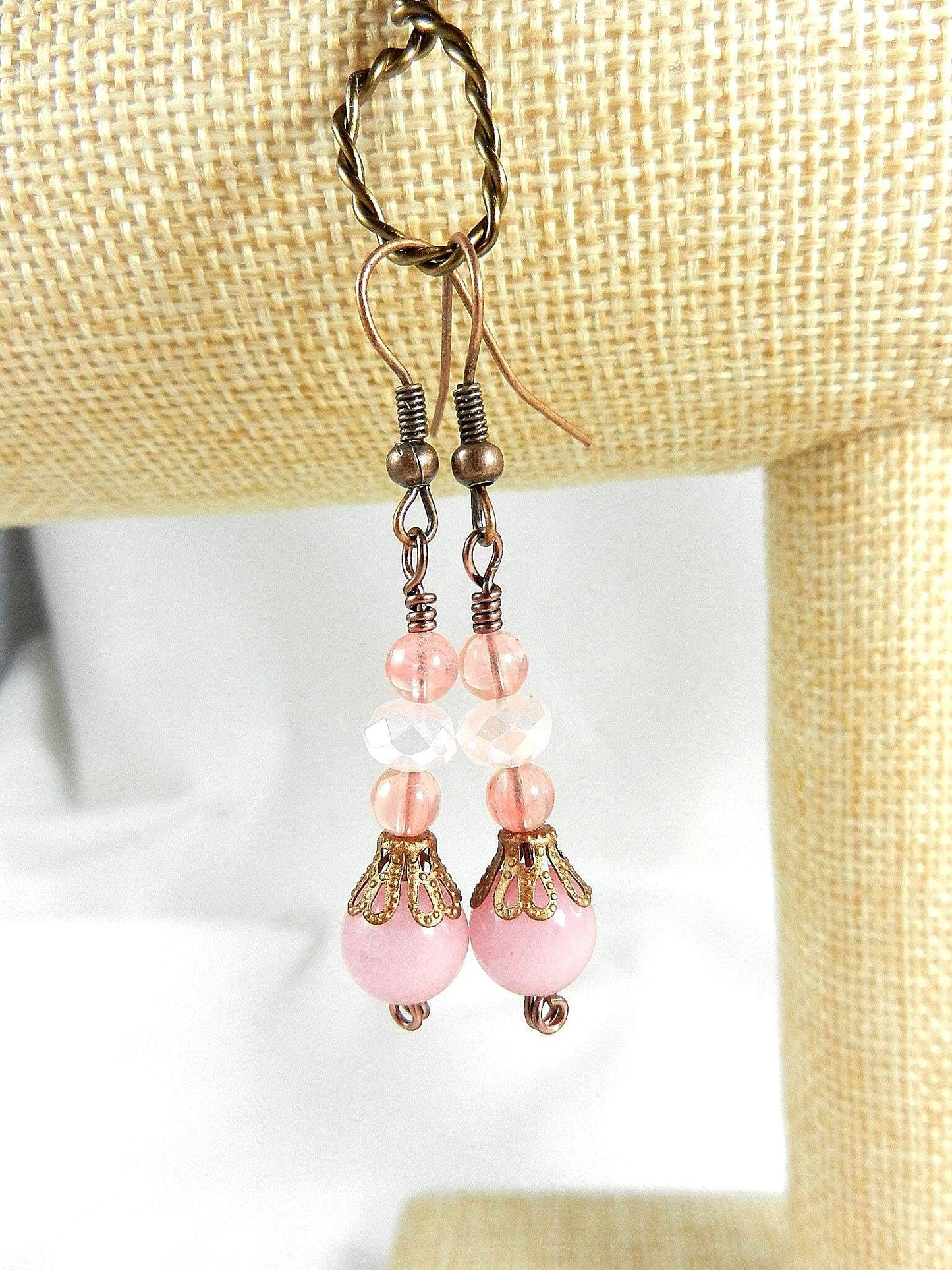 Copper Wire Wrapped Fuchsia Pink and White Geode Agate Pendant with Morganite Earrings