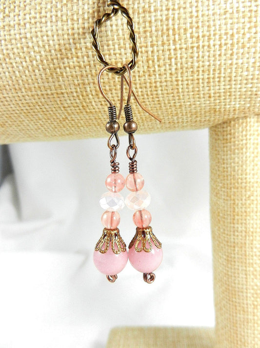Copper Wire Wrapped Fuchsia Pink and White Geode Agate Pendant with Morganite Earrings