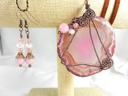 Copper Wire Wrapped Fuchsia Pink and White Geode Agate Pendant with Morganite Earrings