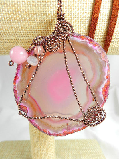 Copper Wire Wrapped Fuchsia Pink and White Geode Agate Pendant with Morganite Earrings
