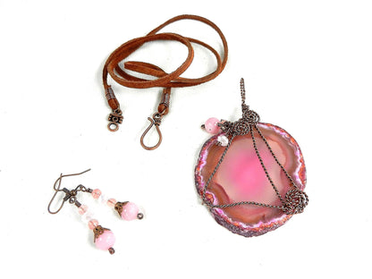 Copper Wire Wrapped Fuchsia Pink and White Geode Agate Pendant with Morganite Earrings