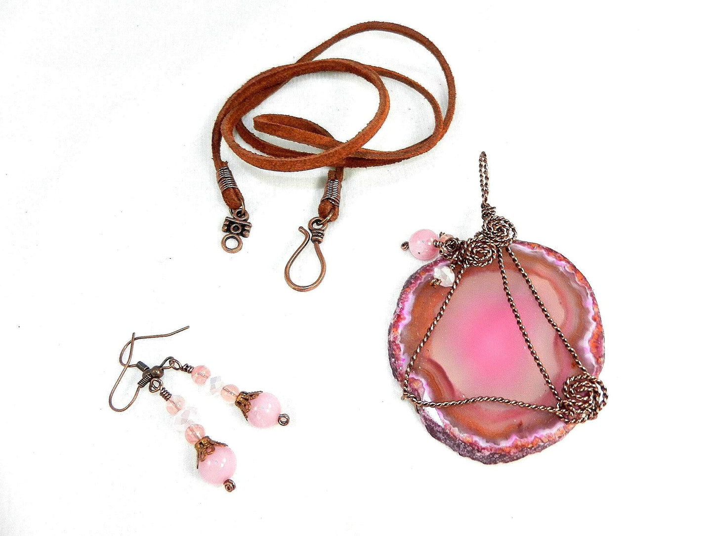 Copper Wire Wrapped Fuchsia Pink and White Geode Agate Pendant with Morganite Earrings
