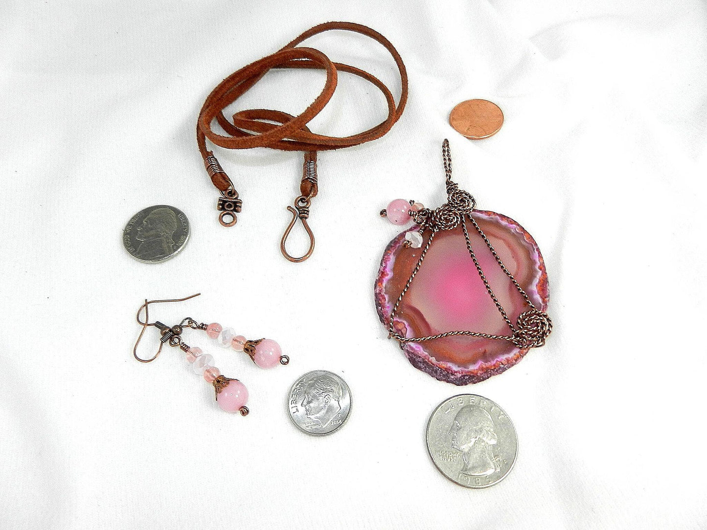 Copper Wire Wrapped Fuchsia Pink and White Geode Agate Pendant with Morganite Earrings