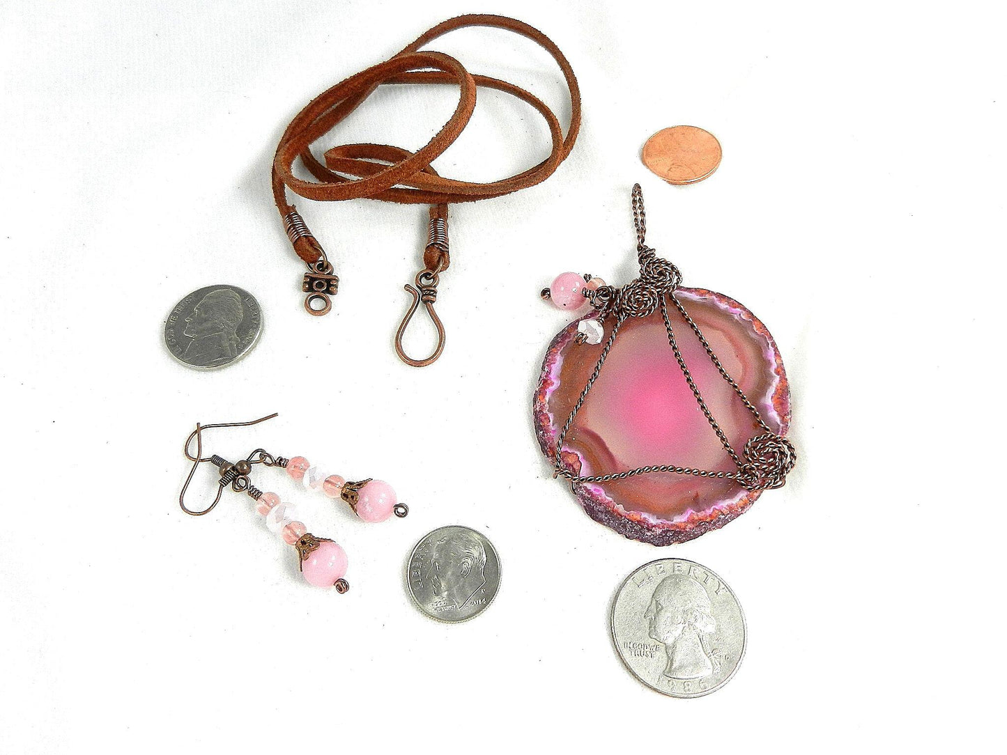 Copper Wire Wrapped Fuchsia Pink and White Geode Agate Pendant with Morganite Earrings