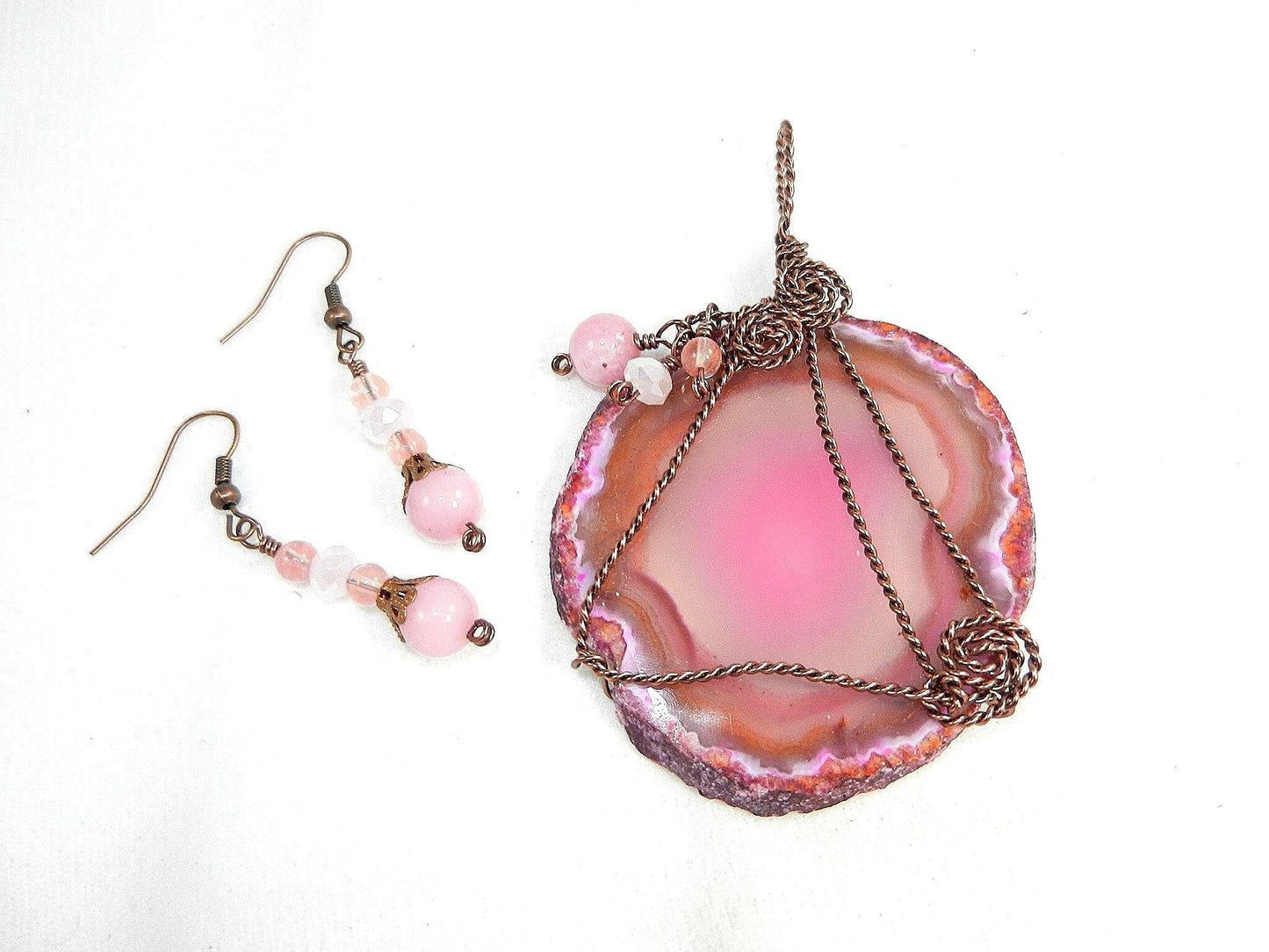 Copper Wire Wrapped Fuchsia Pink and White Geode Agate Pendant with Morganite Earrings