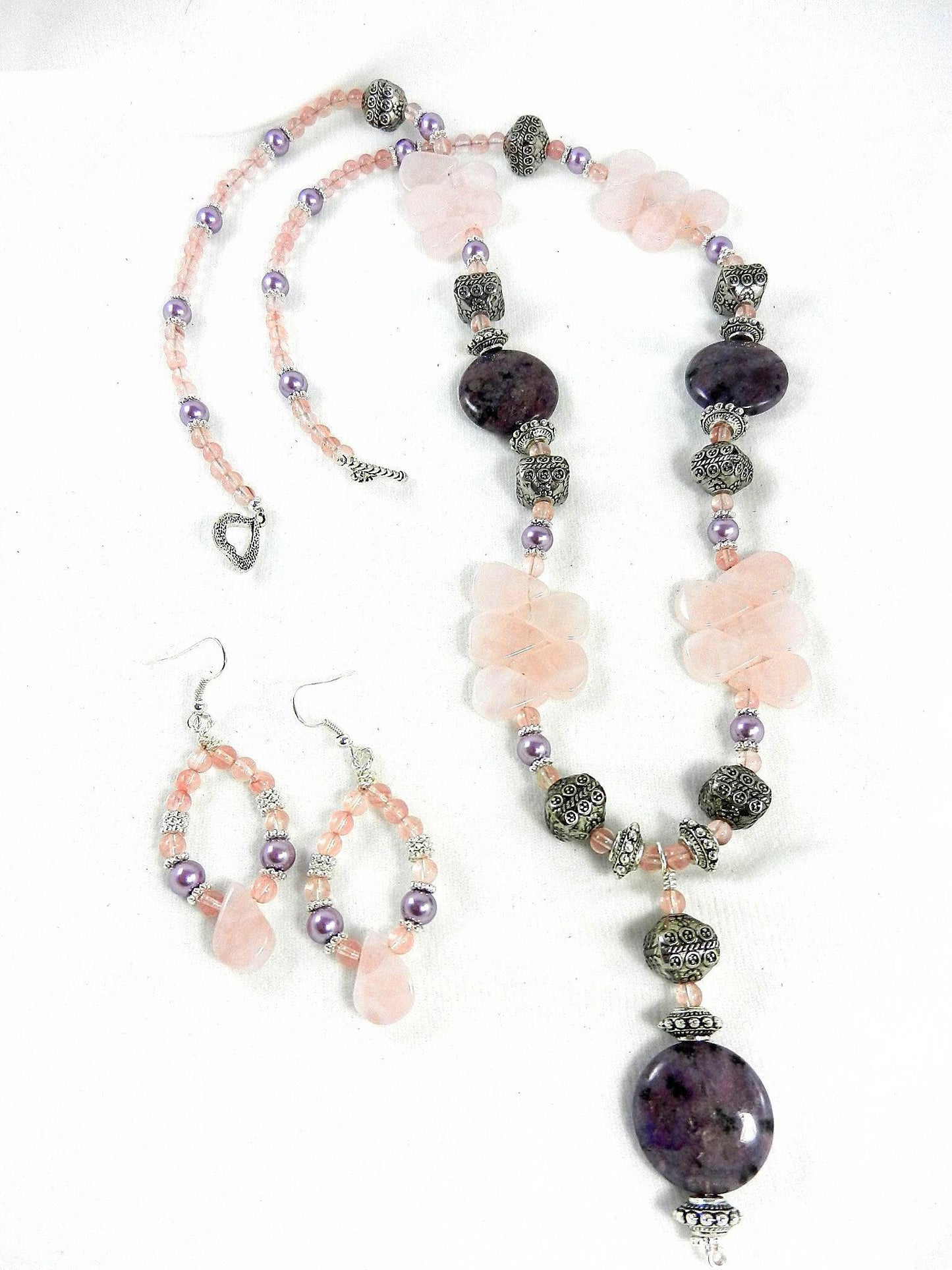 Rose Quartz Purple Jasper and Cherry Quartz Silver Necklace with Matching Earrings
