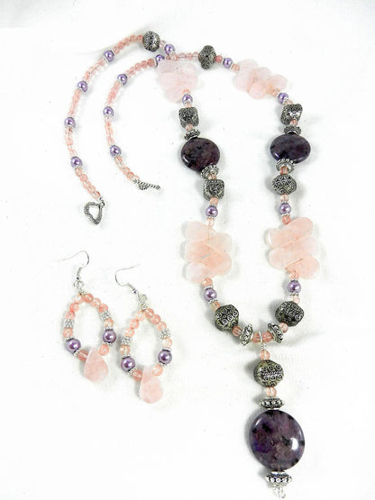 Rose Quartz Purple Jasper and Cherry Quartz Silver Necklace with Matching Earrings