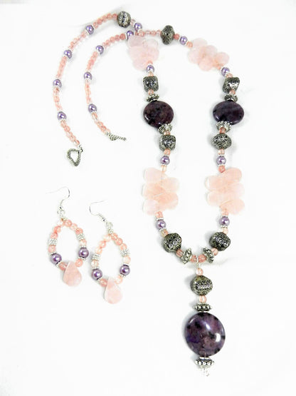 Rose Quartz Purple Jasper and Cherry Quartz Silver Necklace with Matching Earrings
