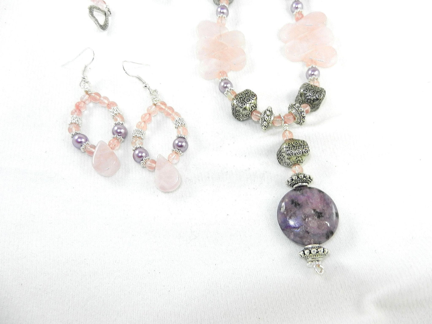 Rose Quartz Purple Jasper and Cherry Quartz Silver Necklace with Matching Earrings