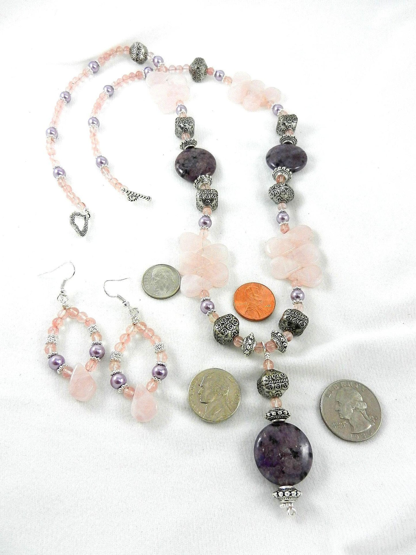 Rose Quartz Purple Jasper and Cherry Quartz Silver Necklace with Matching Earrings