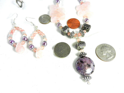Rose Quartz Purple Jasper and Cherry Quartz Silver Necklace with Matching Earrings